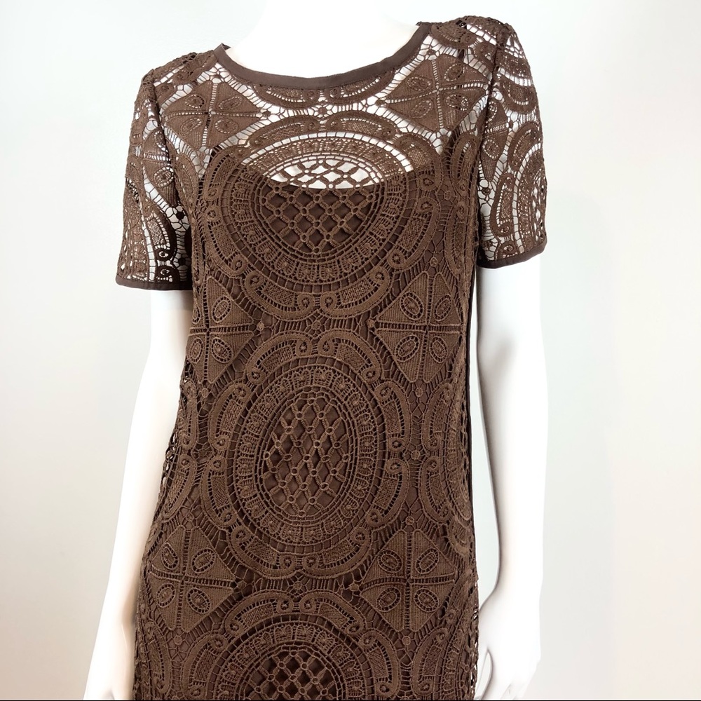 SUNDANCE Brown Crochet Short Sleeve Shift Dress